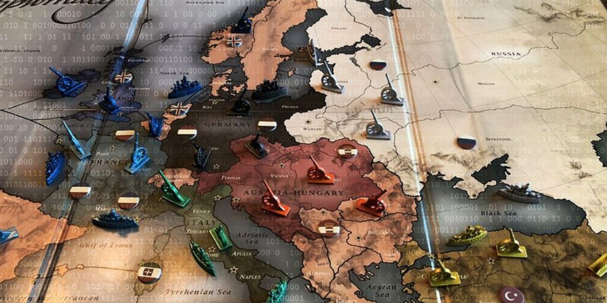 A map of Europe with game pieces of military equipment and ships placed sporadically on top of it.