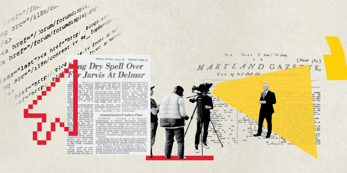 Banner image with graphic representation of Data Journalism - including newspaper clippings, a computer mouse icon, and code
