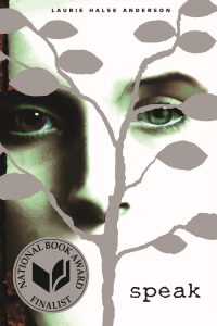 Speak Book cover with a tree in front a close up headshot