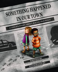 Two children standing on a newspaper article