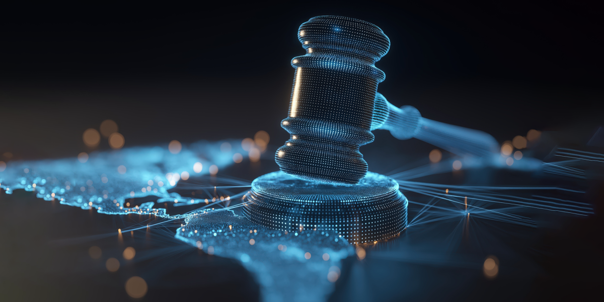 A digital rendering of a judge’s gavel made of glowing blue data points striking a map of the world, symbolizing global AI governance and regulation.