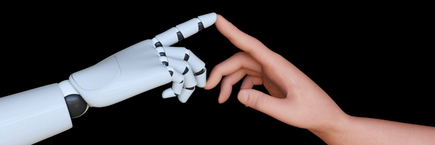 A robotic hand human hand touching index fingers