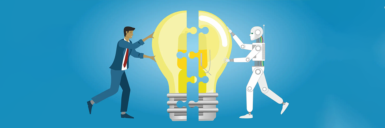 Human and AI bot putting a light bulb together