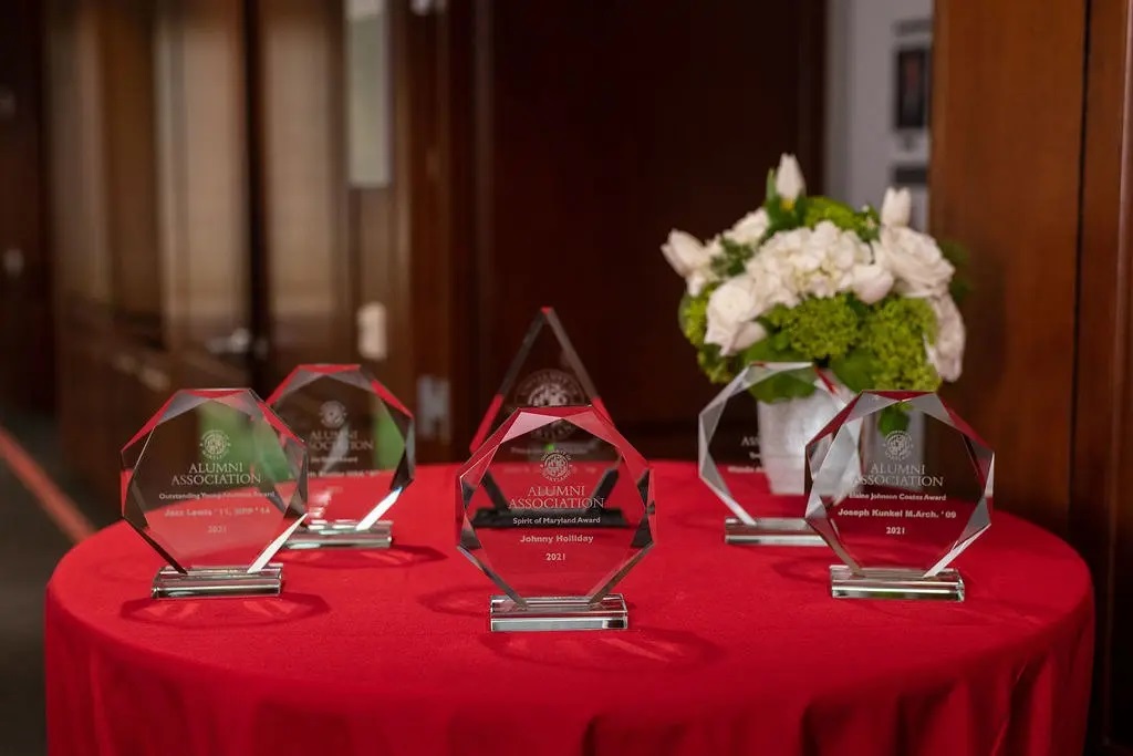 Photo of glass awards on a table