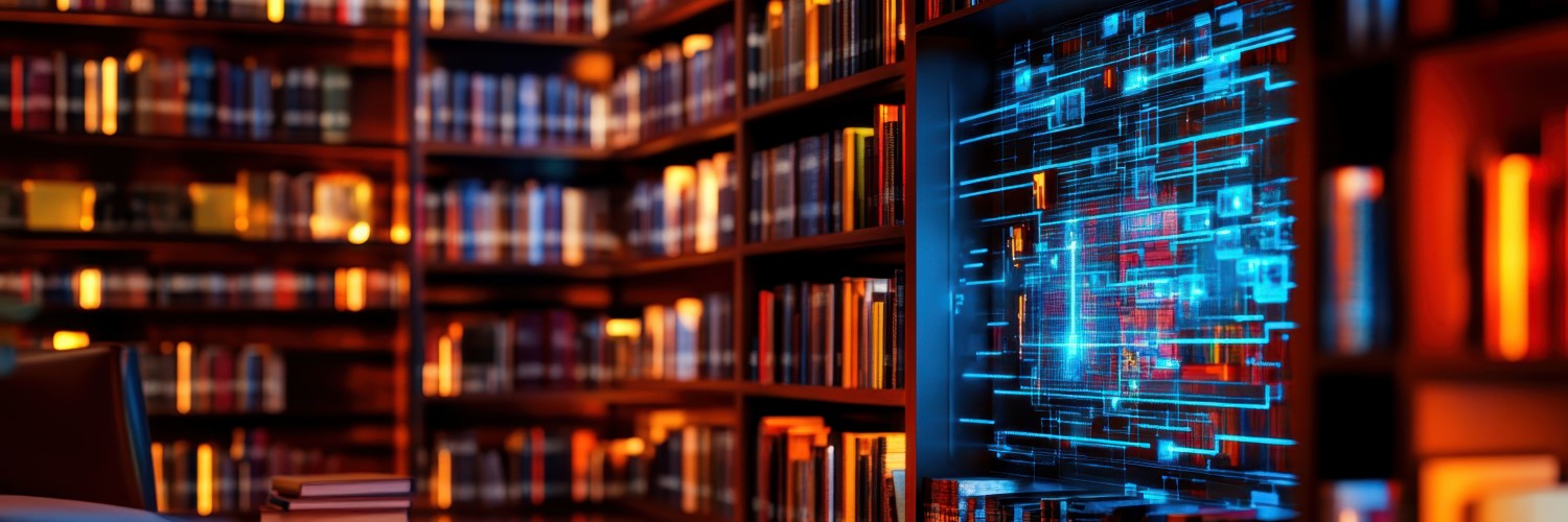 AI rendered image of a library with shelves of books and digital code within it - representing the integration of AI into library and archives