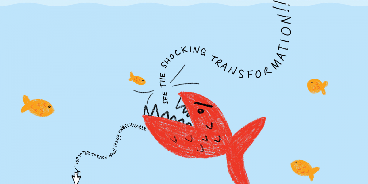drawing of a big red fish eating words surrounded by four smaller orange fish on a blue background