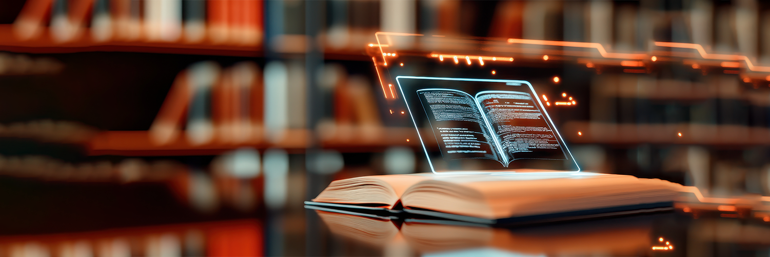 Open book with a holographic display showing interactive digital content in a library setting, showcasing technology and education