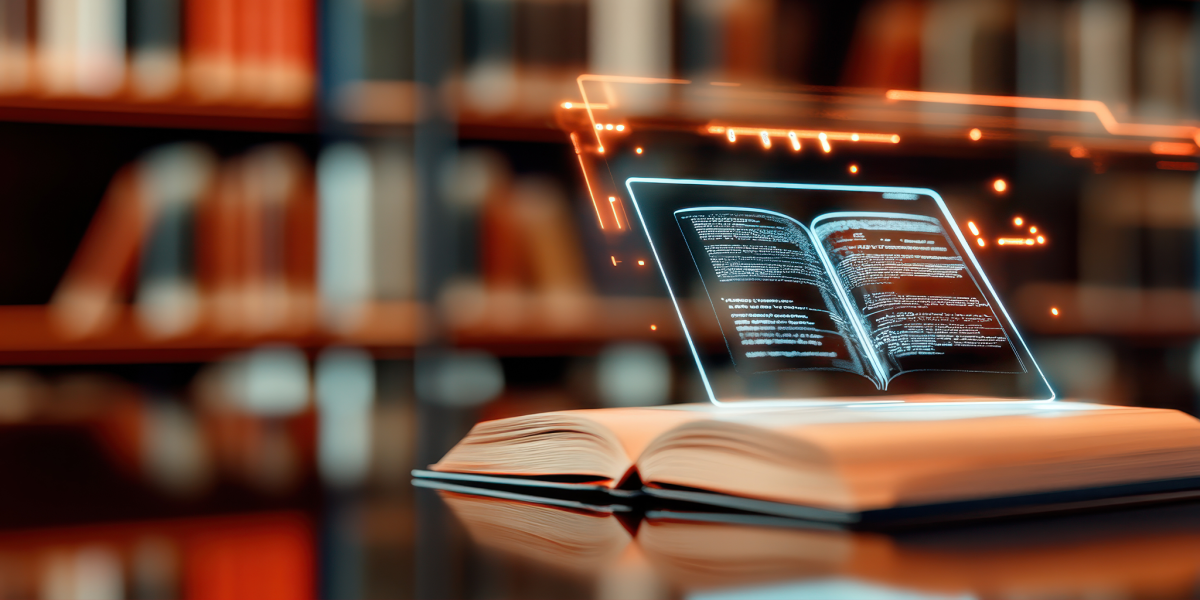 Open book with a holographic display showing interactive digital content in a library setting, showcasing technology and education
