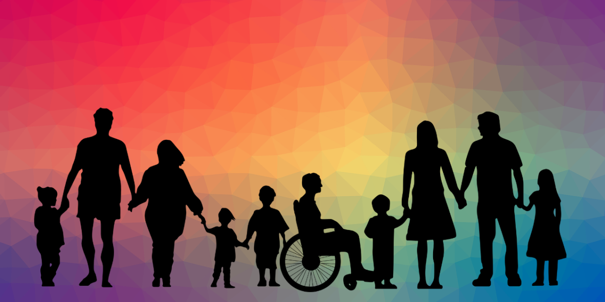 Silhouette of people of all ages and in wheelchair