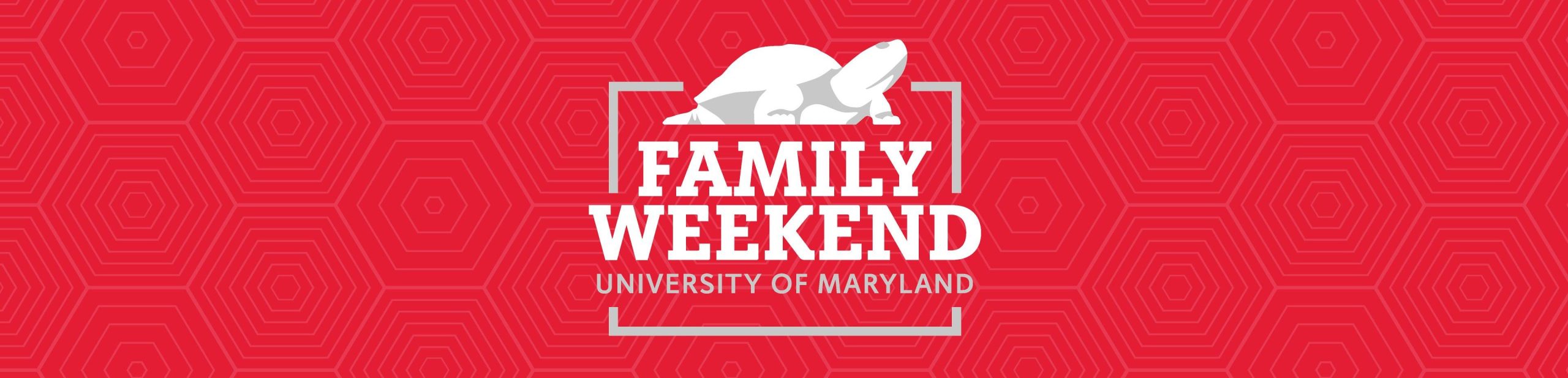 Red background with white and gray logo of the UMD Mascot Testudo and the workds "Family Weekend University of Maryland"