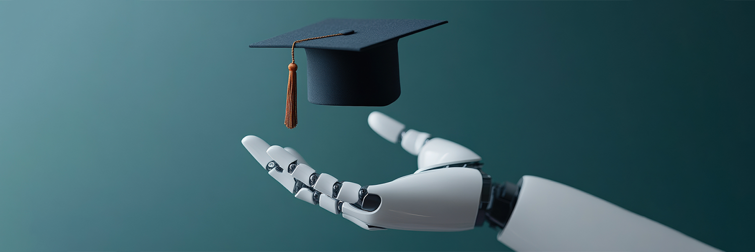 A robotic hand reaches upward toward a floating graduation cap with a gold tassel against a teal background, symbolizing the intersection of artificial intelligence and education.