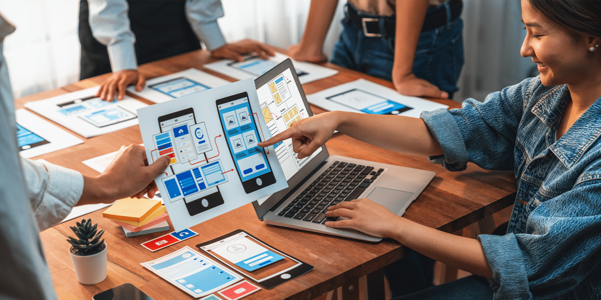 Panorama shot of front-end developer team brainstorming UI and UX designs for mobile app on paper wireframe interface. User interface development team planning for user-friendly UI design.