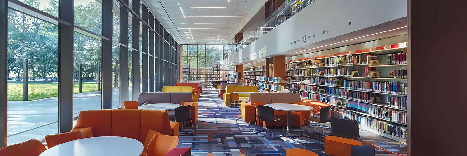 LIS Scholar A high-tech library with digital book retrieval systems and interactive learning tools.
