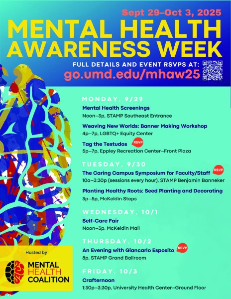 "Flyer titled ‘MHAW 25 Event Calendar.’ Hosted by Mental Health Awareness Week, Sept 29–Oct 3, 2025. URL: go.umd.edu/mhaw25 with note ‘Full details and event RSVPs at.’ Events listed: Monday, 9/29: The Caring Campus Symposium for Faculty/Staff, 10 a.m.–3:30 p.m. (sessions every hour), STAMP Benjamin Banneker. RSVP. Tuesday, 9/30: Planting Healthy Roots: Seed Planting and Decorating, 3–5 p.m., McKeldin Steps. Tag the Testudos, 5–7 p.m., Eppley Recreation Center Front Plaza. RSVP. Wednesday, 10/1: An Evening with Giancarlo Esposito, 8 p.m., STAMP Grand Ballroom. RSVP. Mental Health Screenings, Noon–3 p.m., STAMP Southeast Entrance. Weaving New Worlds: Banner Making Workshop, 4–7 p.m., LGBTQ+ Equity Center. Thursday, 10/2: Self-Care Fair, Noon–3 p.m., McKeldin Mall. Friday, 10/3: Crafternoon, 1:30–3:30 p.m., University Health Center Ground Floor."