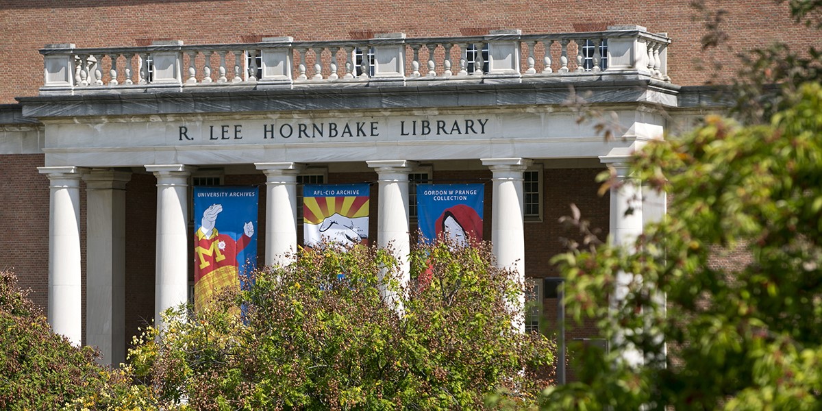 A photo of the front entrance of the Hornbake Library at UMD