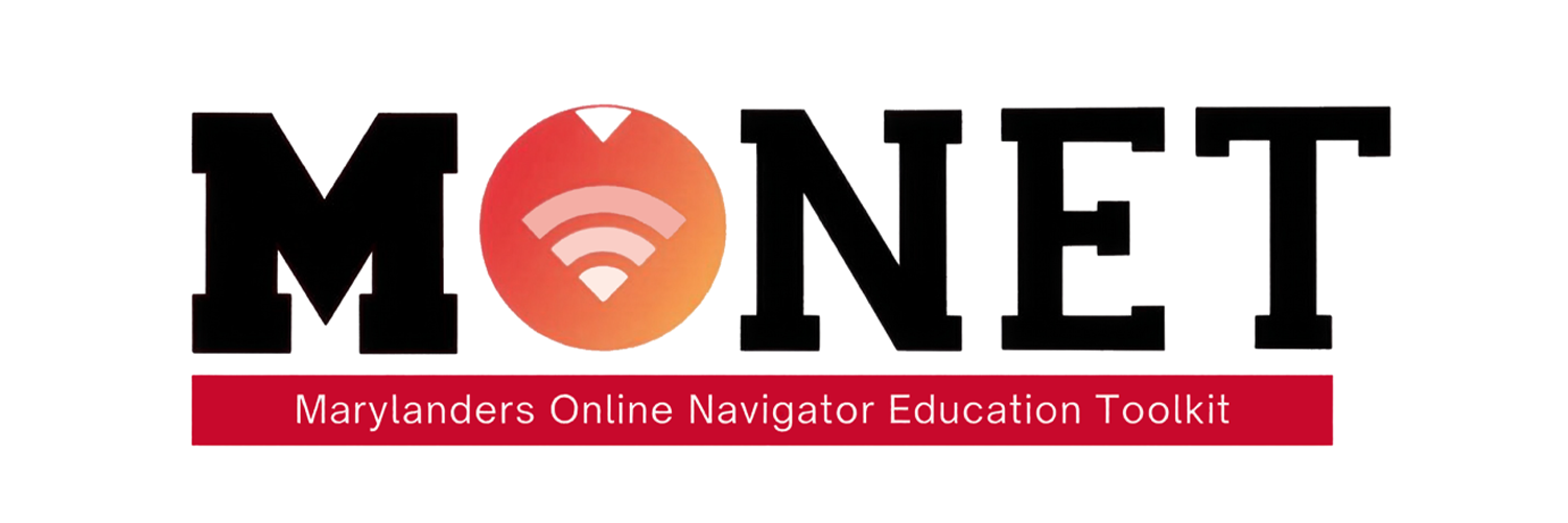 Logo for MONET, which stands for Marylanders Online Navigator Education Toolkit.