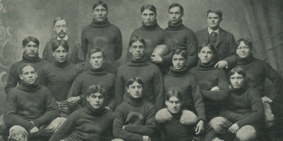 This 1900 image of the Carlisle Indian School football team includes one of Assistant Professor Shelbi Nahwilet Meissner's ancestors.