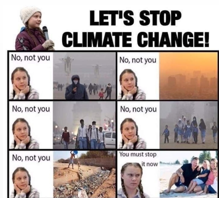 Meme that says: Let's stop climate change! With images of a girl being dismissive of different types of climate problems.