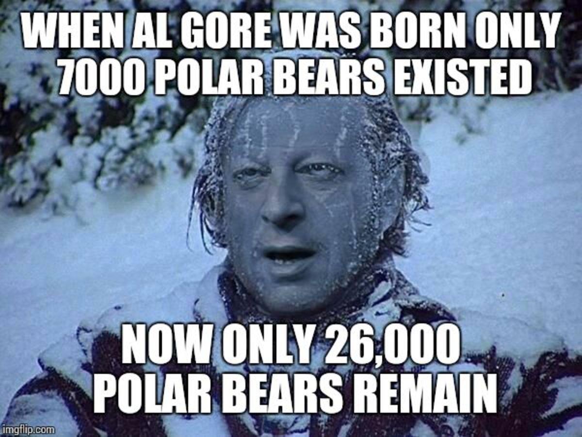 Meme that says: When Al Gore was born only 7000 polar bears existed. Now only 26,000 polar bears remain.