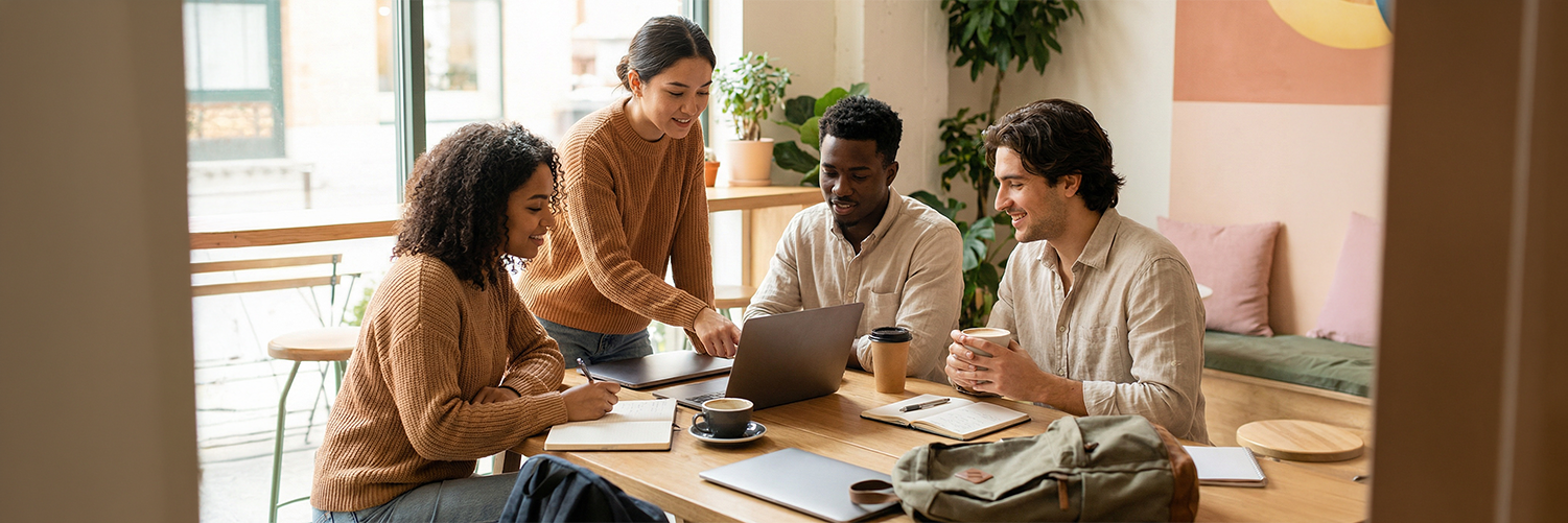 Neo Max Four diverse professionals collaborate around a sunlit wooden table in a modern office, sharing ideas, taking notes, and working on laptops during a casual brainstorming session for a collaborative project