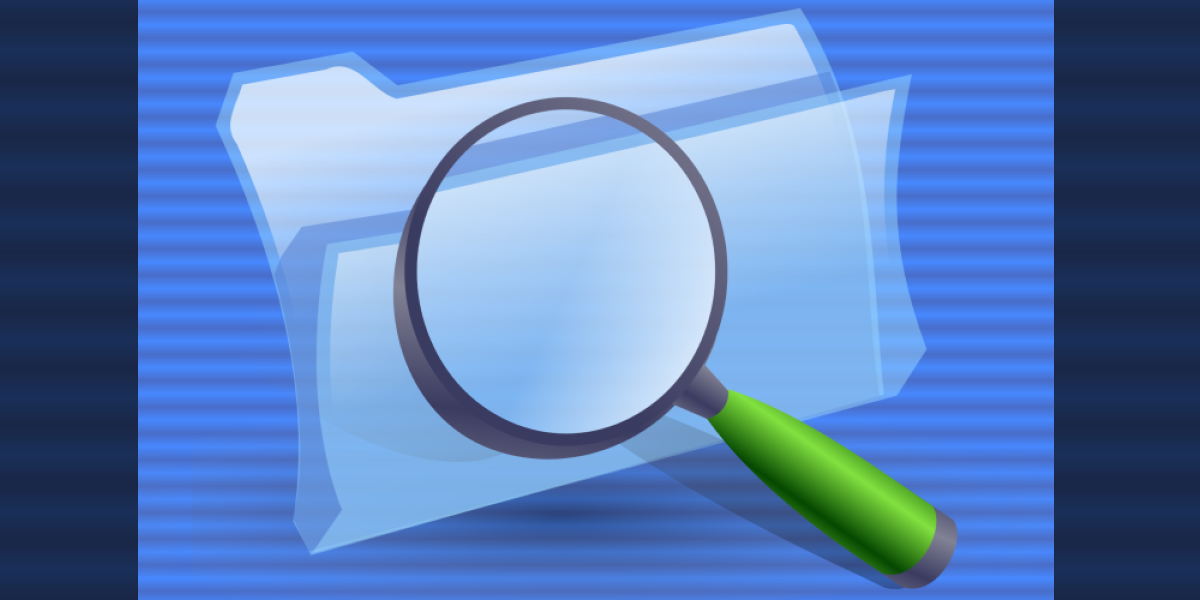 Graphic image of a computerized file folder with a magnifying glass over it, implying searching for a document