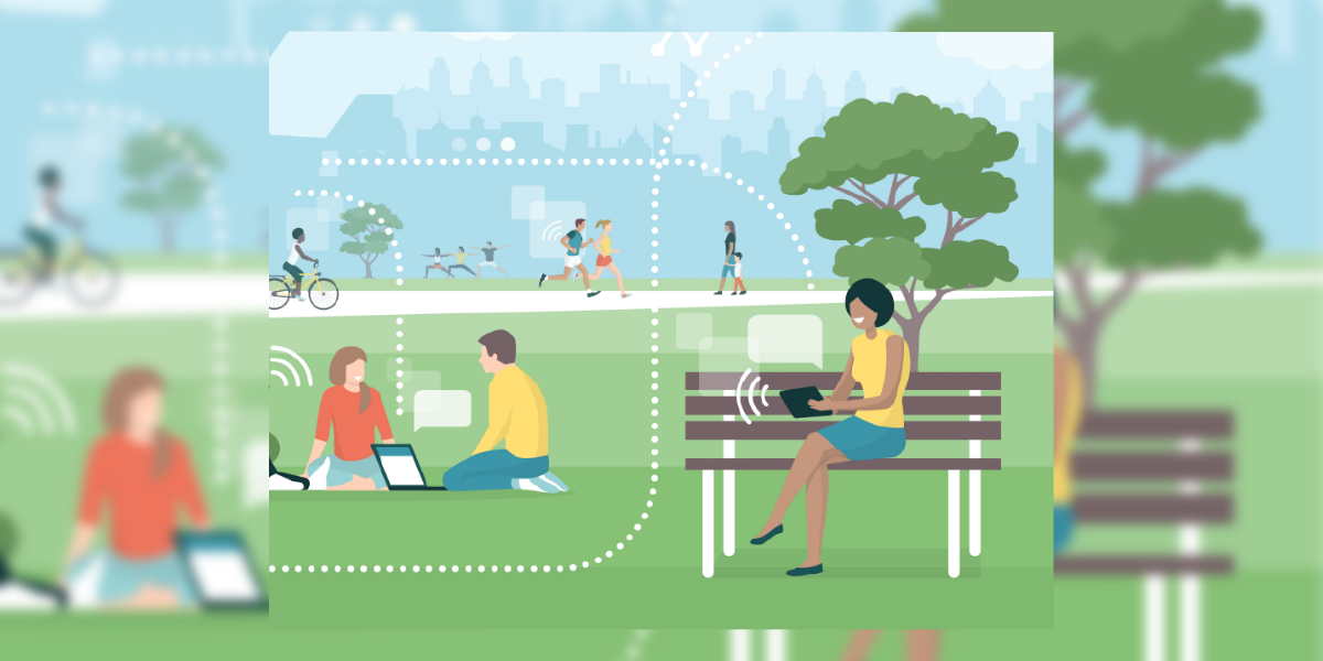 An illustration of people in a park, including a couple sitting on a blanket with a computer, a woman on a bench on her computer, and individuals walking on a track behind them.