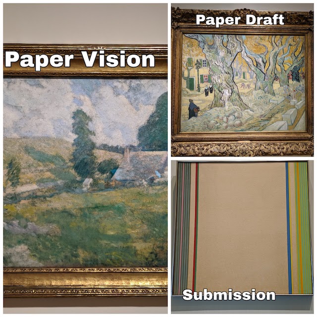 3 photo collaged image one on the left that reads "paper vision" and two photos on the right on labeled "paper draft" and the other "submission"