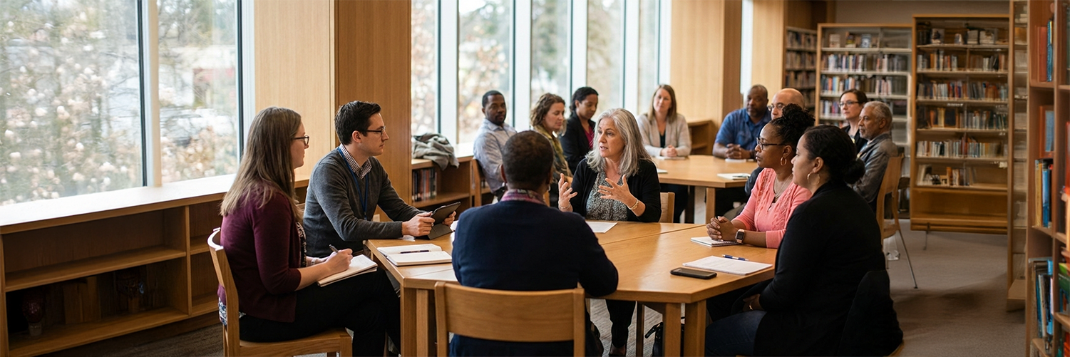A wide shot of a multi-ethnic group of adults seated around tables in a library with large windows. A woman at the center is speaking and gesturing with her hands while others listen and take notes in notebooks or on tablets.