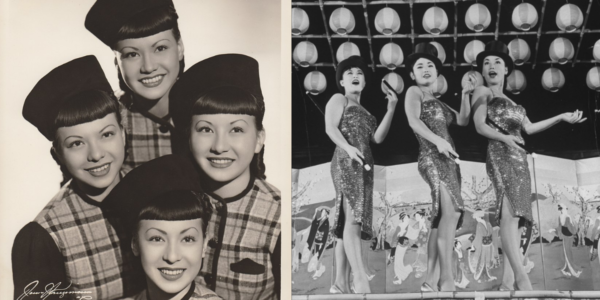 A banner with two photos: the left photo pictures the Kim Loo Sisters and the right features the Kim Sisters.