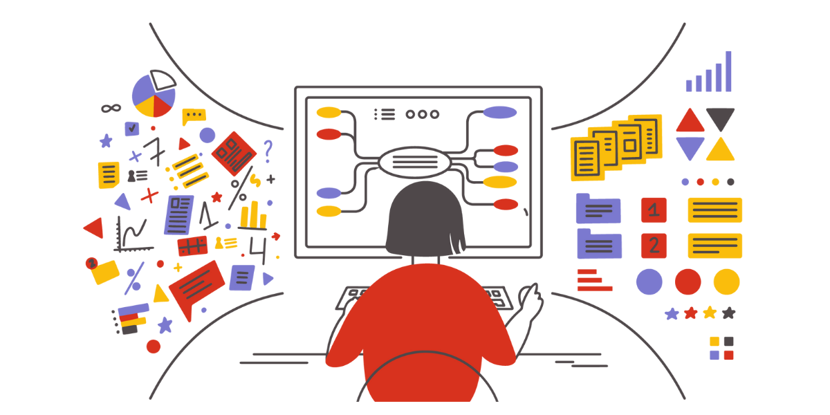 Colorful illustration of woman sitting in front of a computer with graphs and data-related imagery