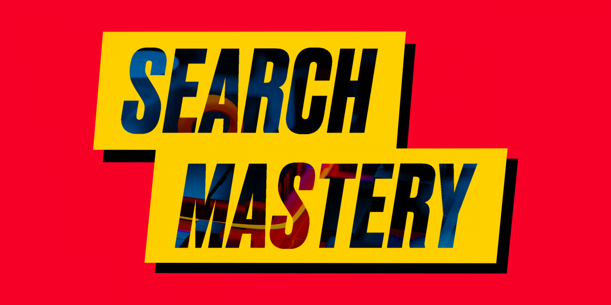 Red background with the words "Search Mastery" in yellow outline.
