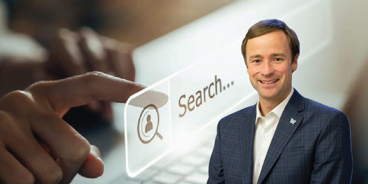 Image of Dr. Jevin West superimposed over an image of a search engine interface