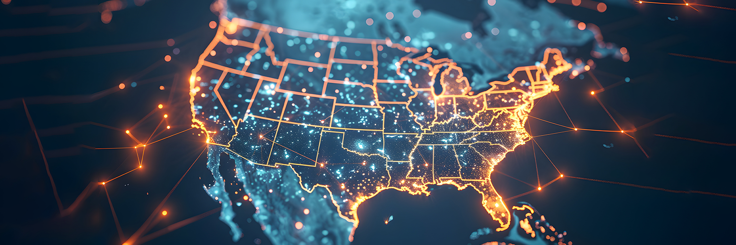 Digital map of the United States with glowing connections, representing global connectivity and technology in business.