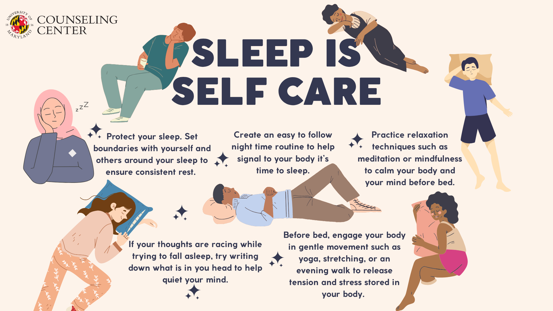 A University of Maryland Counseling Center graphic titled “Sleep is Self Care.” The image shows diverse illustrated people sleeping or resting in various positions around text offering tips for better sleep: protect your sleep and set boundaries, create a consistent nighttime routine, practice relaxation techniques like meditation, write down racing thoughts, and engage in gentle movement before bed to reduce stress.