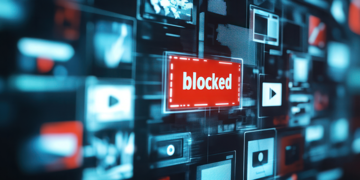 Digital screen with multiple media icons and a "blocked" sign in red, symbolizing internet censorship, restricted content, or access denial
