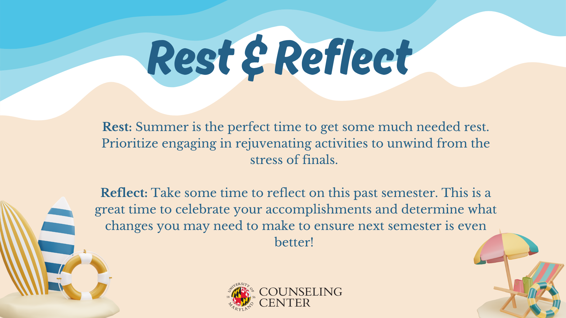 Beach designed flyer, with "rest and reflect" in bold letters