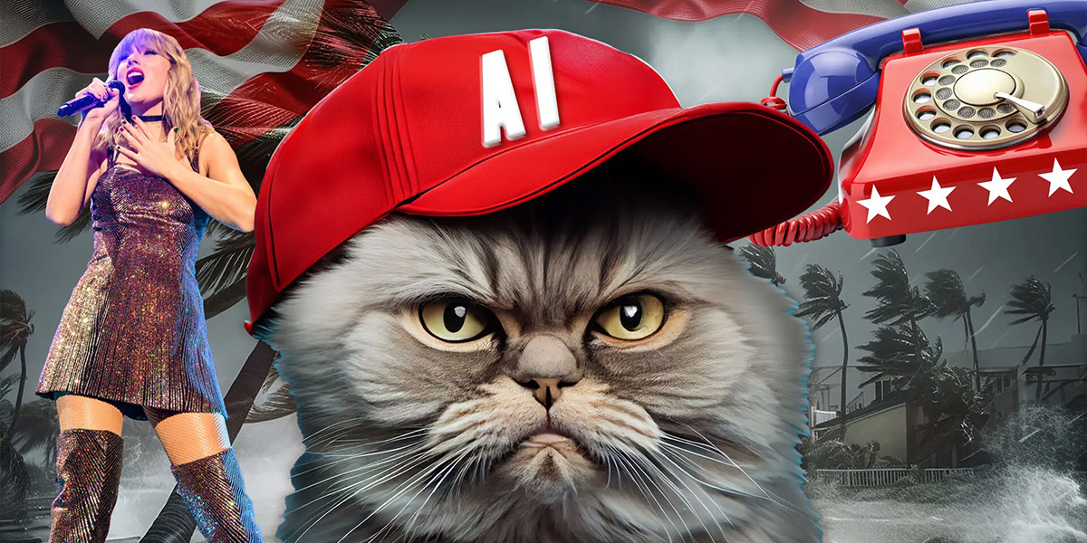 AI generate cat with a red hat on next to Taylor Swift and a dial up phone.