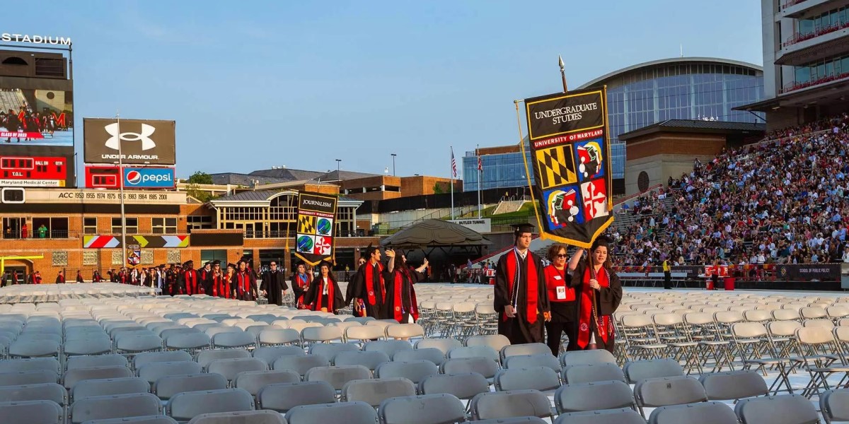 Photo of students entering a stadium for Commencement