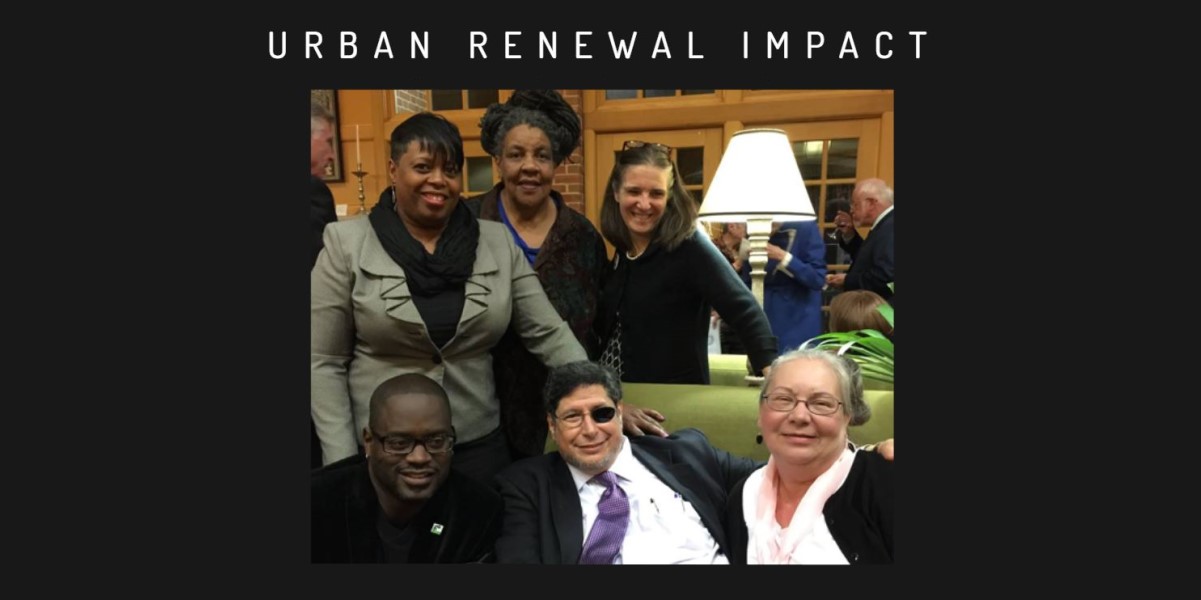 Asheville community members accepting the Harlin J. Gradin Humanities Award. Standing (L-R): Priscilla Ndiaye, Andrea Clarke, Deborah Miles. Seated: Dwayne Barton, Dr. Harlin J. Gradin, and Karen Loughmiller. (Photo by Urban News)