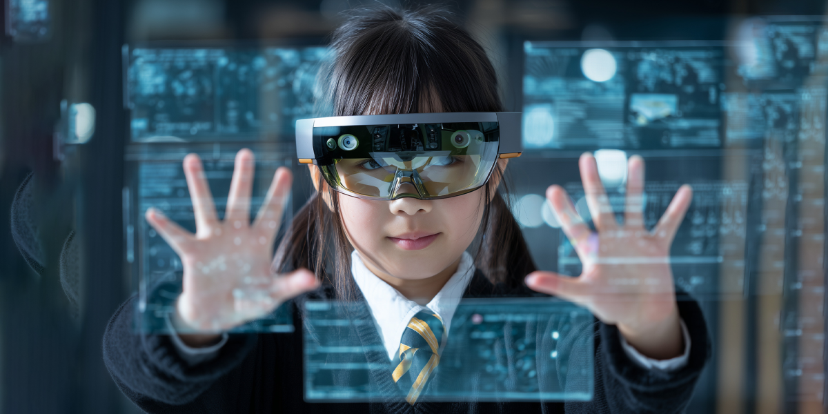 School student with VR headset using AI artificial intelligence technology & machine learning.Interactive technology in classroom. Innovation & smart tech. AI blue hologram in education.