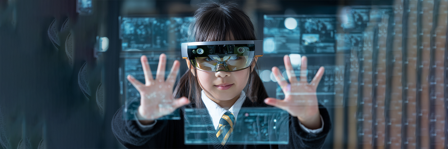 School student with VR headset using AI artificial intelligence technology & machine learning.Interactive technology in classroom. Innovation & smart tech. AI blue hologram in education.