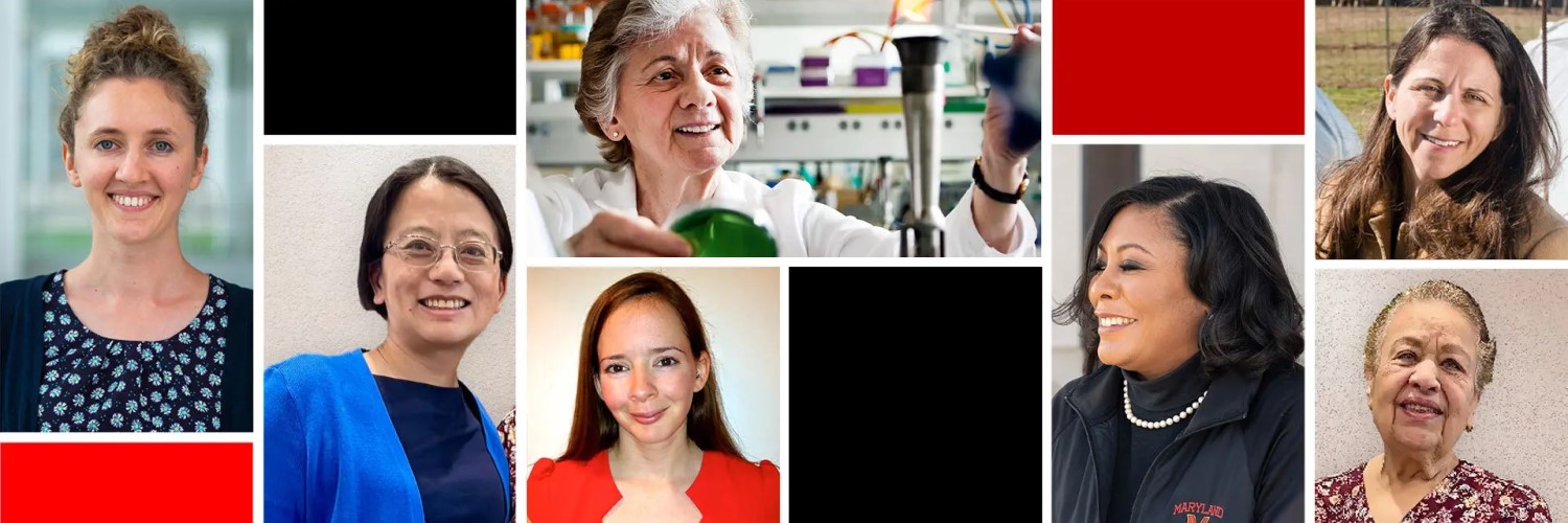 A grid style photo with women who work in the science sector.