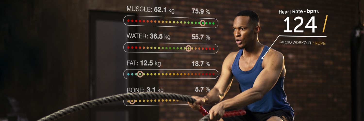 Black male athlete exercising with data showing around him such as heart rate and fat percent