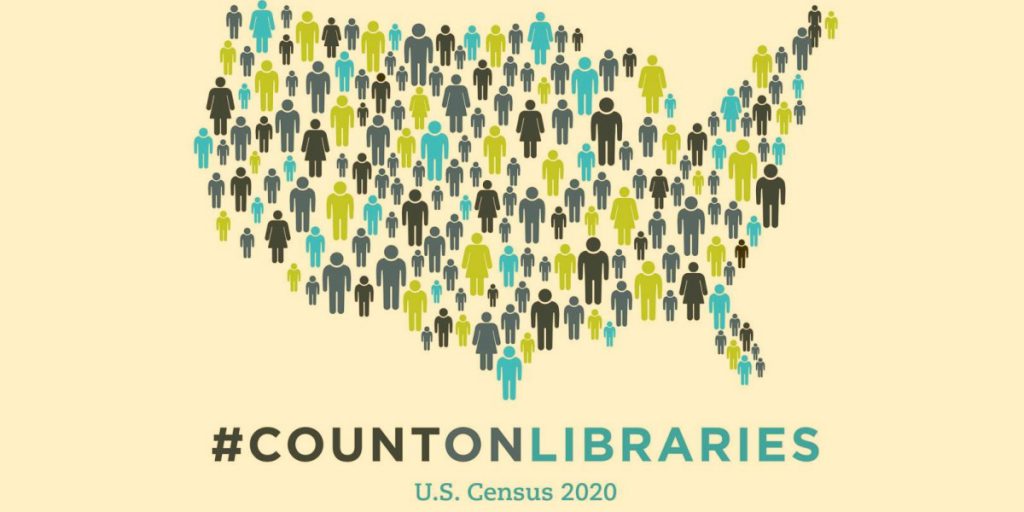 map of US with simples illustration of people in place of states with text that reads "COUNTONLIBRARIES U.S. Census 2020"