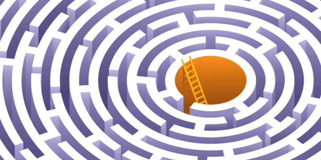 3d purple and white maze with an orange middle that has a ladder coming out of the center