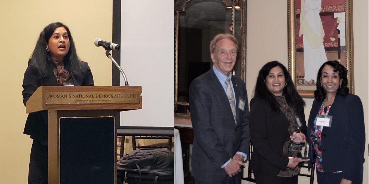 two collaged photos, one on the left of a woman speaking at a podium and three people smiling on the right