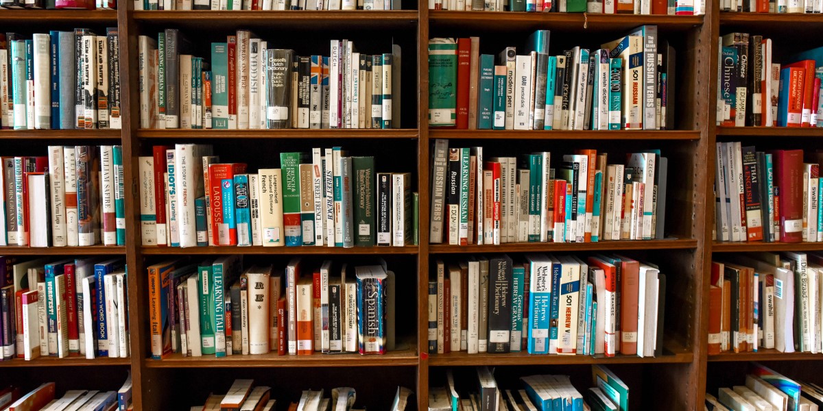 Photo of shelves of library books