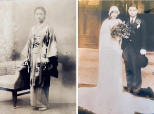 two photos side by side of a girl in a kimono(left) and a woman in a white dress and man in a tuxedo (right)