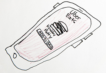 line drawing of a phone with uber eats and a crabby patty on the inside with a button labeled add to bag