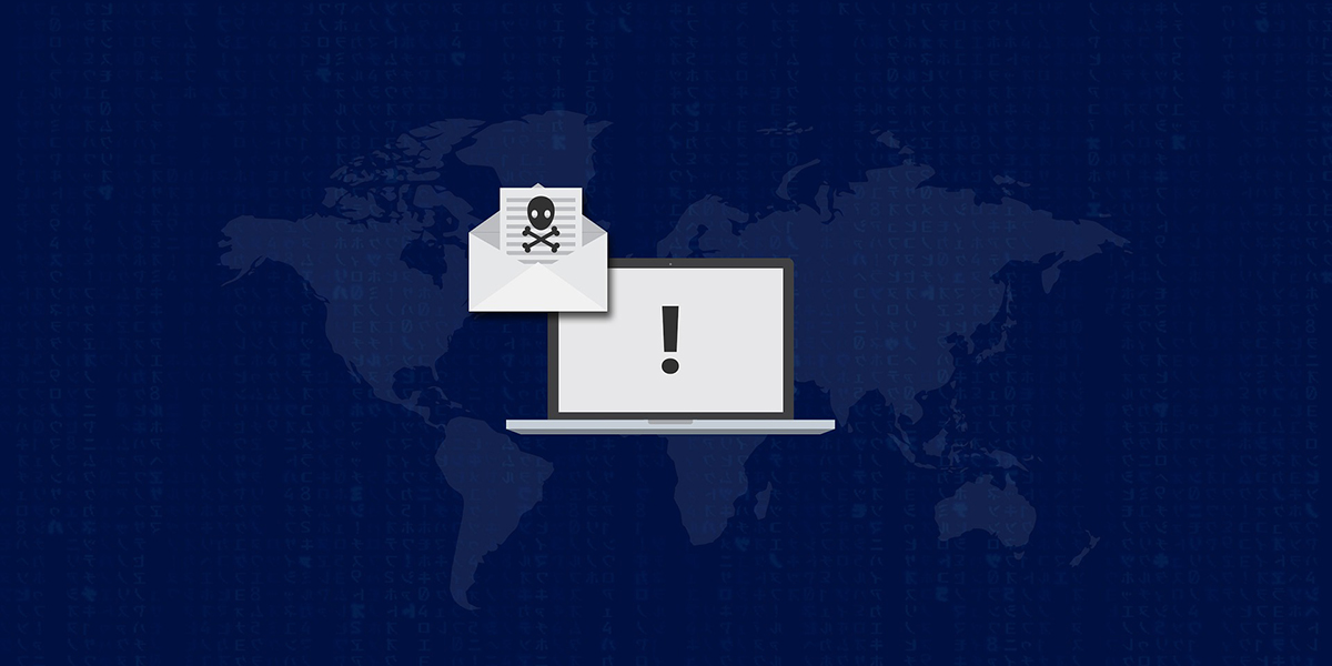 Graphic image of a world map with a laptop over it that has an envelope and skull, indicated ransomware